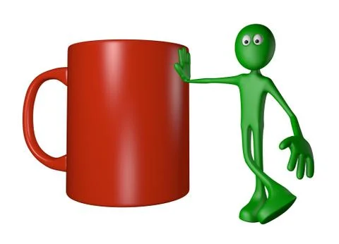 Green guy and mug - 3d illustration Stock Illustration
