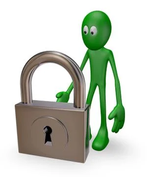 Green guy and padlock on white background - 3d illustration Stock Illustration