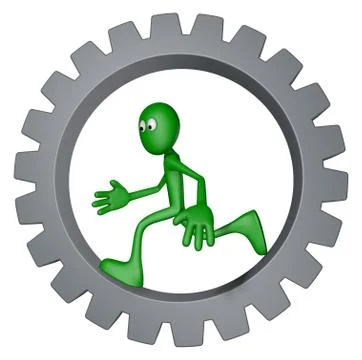 Green guy is running inside gear wheel - 3d illustration Stock Illustration