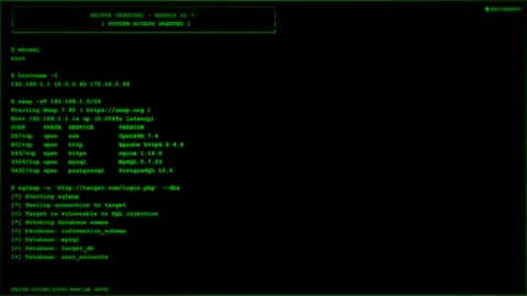 Green Hacker Terminal Breach System Access Granted Nmap Scan Console. Stock Footage 348103688