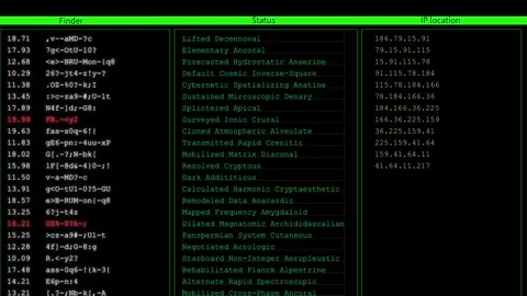Green hacker terminal data table finder columns, status list, IP style addresses Stock Footage 340557540