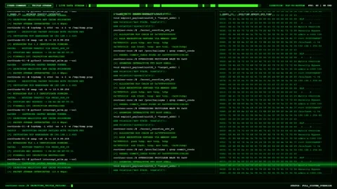 Green Hacker Terminal Triple Panel Code Stream Dashboard. Видео 346752033