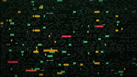 Green hacking screen with hexadecimal code and flashing security alerts Video stock 347362799