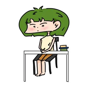 Green Haired Student Sitting At School Desk Illustration Stock Illustration