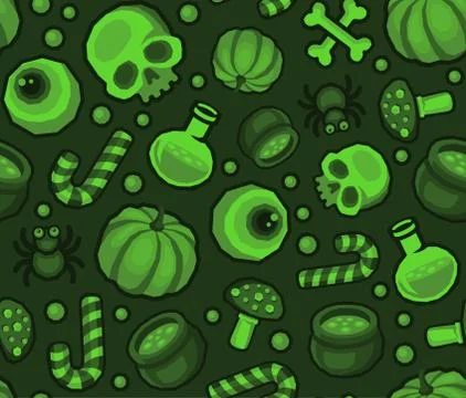 Green Halloween Seamless Pattern Background with Spider, Skull, Pumpkin, Ca.. Stockillustratie