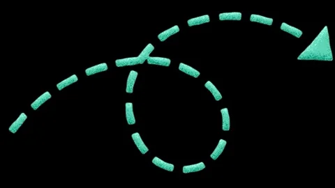 Green hand drawn dashed arrow with loop motion and noisy texture on black screen Stock Footage 333819529