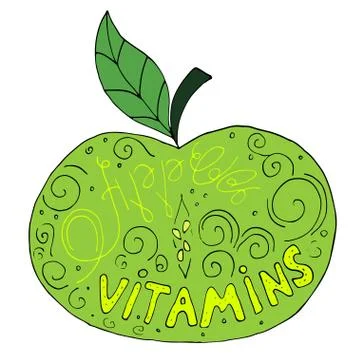 Green hand drawn vector apple with text inside of it Stock Illustration