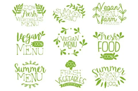 Green hand drawn vegetable menu logos set. Vegan healthy food. Elements Stockillustratie