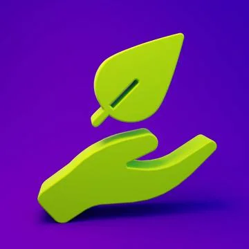 Green Hand hold a leaf of the plant icon isolated on purple-blue background.. Stock Illustration