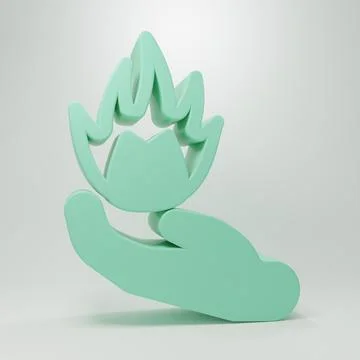 Green Hand holding a fire icon isolated on grey background. Minimalism conc.. 스톡 일러스트