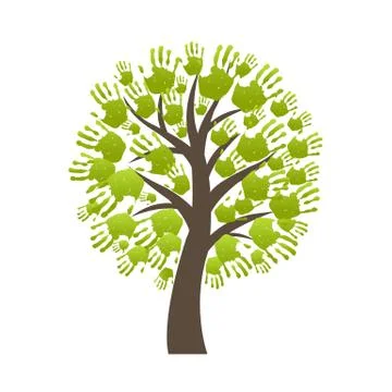 Green Hand Print Tree Isolated White Background Stock Illustration