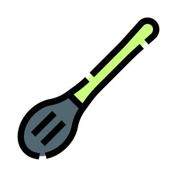 Green handled slotted spoon kitchen utensil icon Stock Illustration