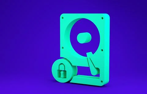Green Hard disk drive and lock icon isolated on blue background. HHD and padl Stock Illustration