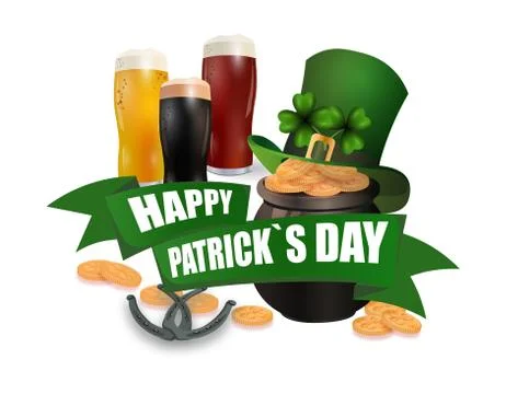 The green hat. Three kinds of beer. Pot with coins. Two leaves of clover. H.. Stock Illustration