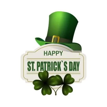 Green hat. Two leaf clover. Happy St. Patrick s Day inscription. Isolated o.. Stock Illustration