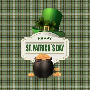 Green hat. Two leaf clover. Pot with gold coins. Happy St. Patrick s Day in.. Stock Illustration