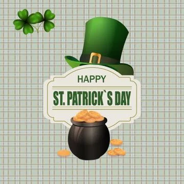 Green hat. Two leaf clover. Pot with coins. Happy St. Patrick's inscription.. Illustrazione stock