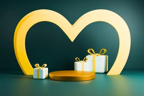 Green heart arch with gift boxes podium 3D render Stock Illustration