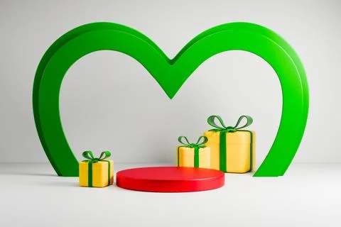 Green heart frame with gift boxes and red podium. Stock Illustration