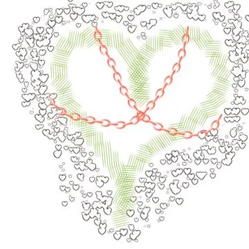 Green heart in red chains surround with smaller hearts PNG Stock Illustration