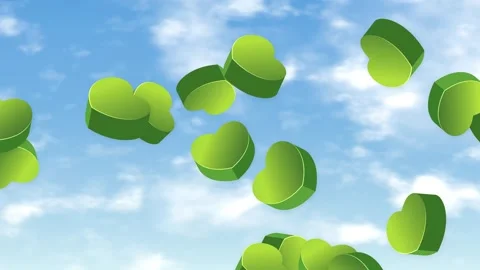 Green Heart Shapes Falling Through Blue Sky With White Clouds Stock Footage 344379552