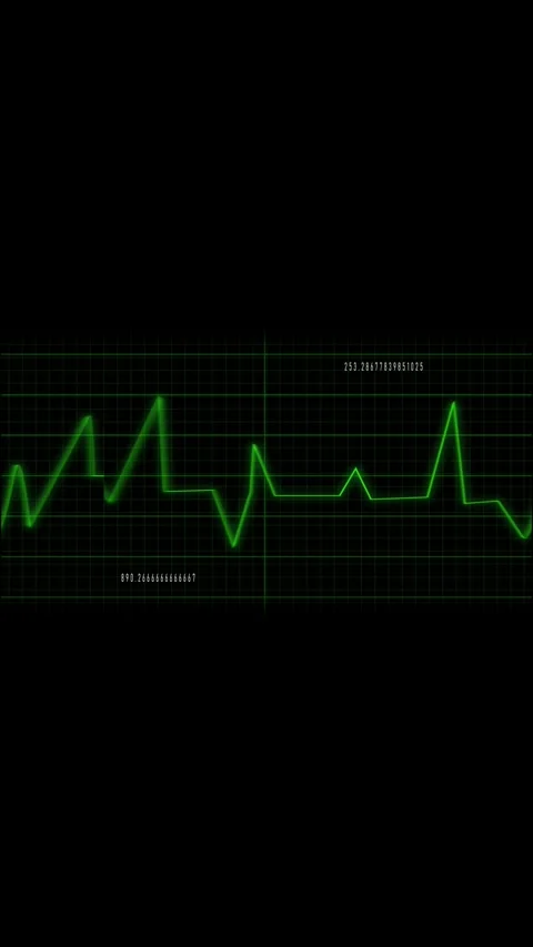 Green Heartbeat Line Graph on Dark Grid mobile video Background with Numbers cha Stock Footage 321631906