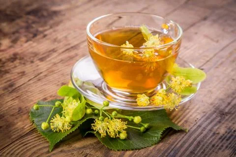 Green herbal tea with linden flowers Stock Photos