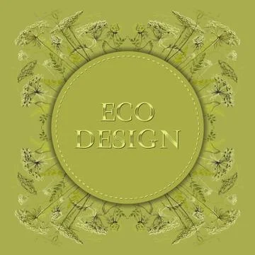 Green herbs floral background. Vector circle eco label design. Stock Illustration