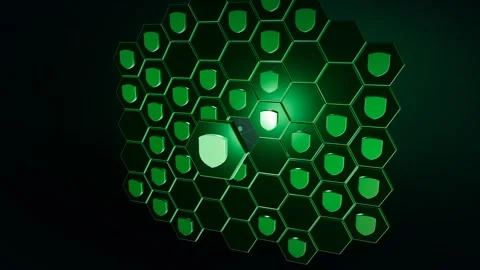 Green Hexagon Shield Cell Honeycomb Threat Defense Lattice Monitoring Stock Footage 343061306