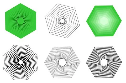 Green hexagon spiral patterns and line art, Concentric hexagonal gradient s.. Illustrazione stock
