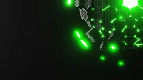 A green hexagonal pattern adorned with bright lights, set against a dark Illustration