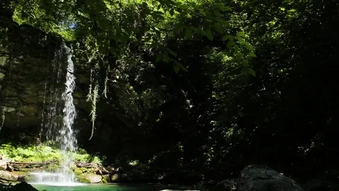 Green hidden magic waterfall in the middle of forest Stock Footage 112025774