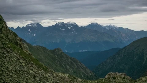Green highlands landscape. Mountain range in the distance. Hard-to-reach place Stock-Footage 83731624
