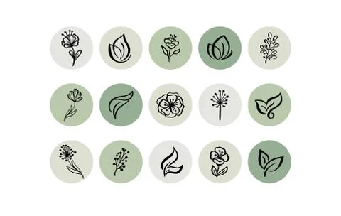 Green Highlight Cover Icon. Highlight Story Natural. Hand Drawn Floral Logo 스톡 일러스트