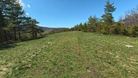 Green hill slopes gently under bright blue sky. Balkan, Eastern Europe, POV Vídeos de archivo 333442059