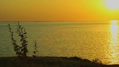 Green hills against the background of the river in the rays of the sunset. A Stock Footage 341481700