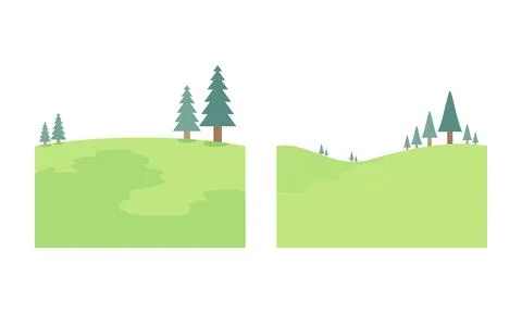 Green Hills Landscape Background with Pine Trees and Rolling Grass Fields Stockillustratie
