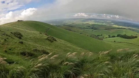 Green hills under a cloudy gray sky Stock Footage 313723137