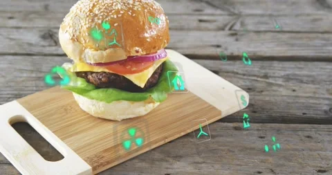 Green holograms appearing layers stacking camera centering showing cheeseburger Stock Footage 323271670