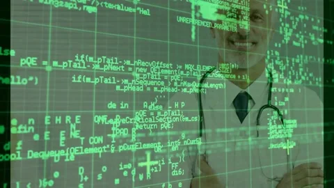 Green holographic grid and code scrolling, pulsing, revealing doctor adjusting 動画素材 330594249