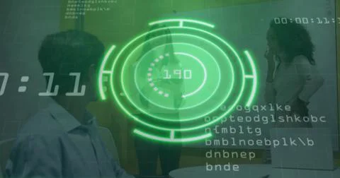 Green holographic interface projecting number 190 in boardroom, with files and Stock Photos