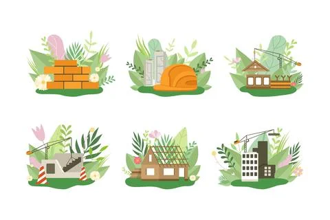 Green home construction process. Ecological house building with sustainable Ilustración de archivo