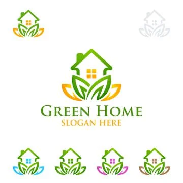 Green Home logo, Real Estate vector logo design with House and ecology shape, Ilustración de archivo