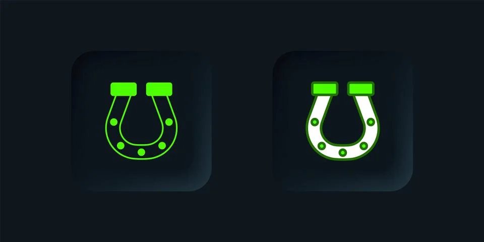 Green Horseshoe icon isolated on black background. Black square button. Vecto Stock Illustration