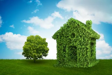 Green house and tree in ecologic living concept - 3d rendering Stock Illustration