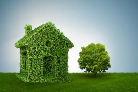 Green house and tree in ecologic living concept - 3d rendering Stock Illustration