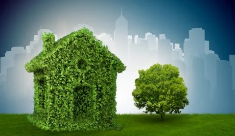 Green house and tree in ecologic living concept - 3d rendering Stock Illustration