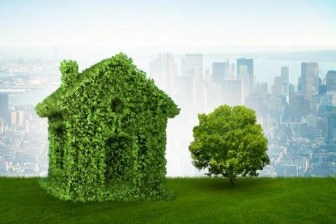 Green house and tree in ecologic living concept - 3d rendering Stock Illustration