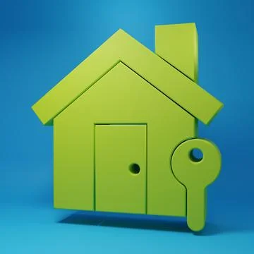 Green House with key icon isolated on blue background. The concept of the h.. Ilustración de archivo