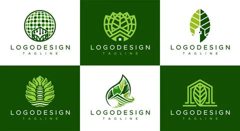 Green house logo design bundle. Set of leaf home logo branding vector. Stock Illustration